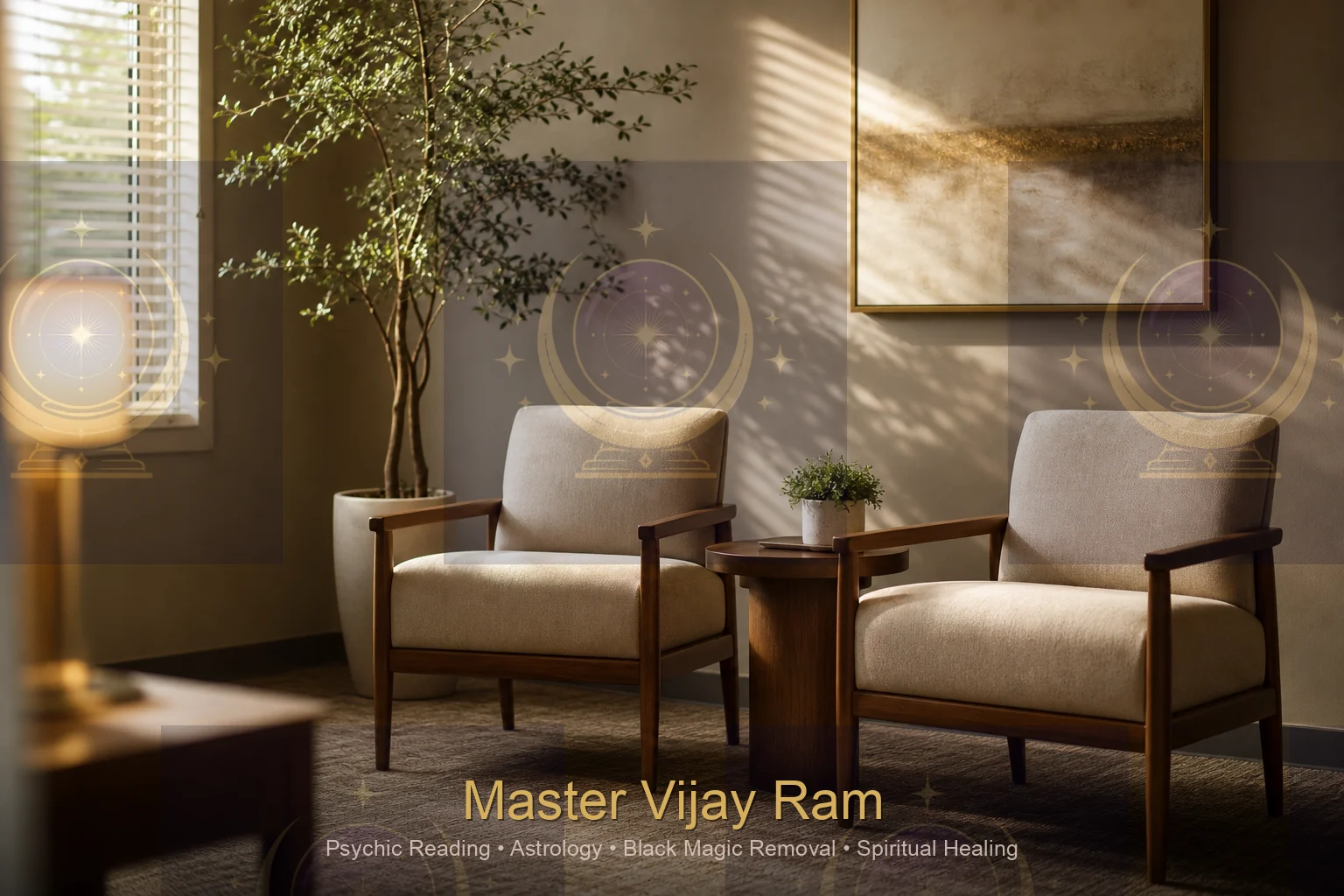 Peaceful waiting area before a session with Master Vijay Ram