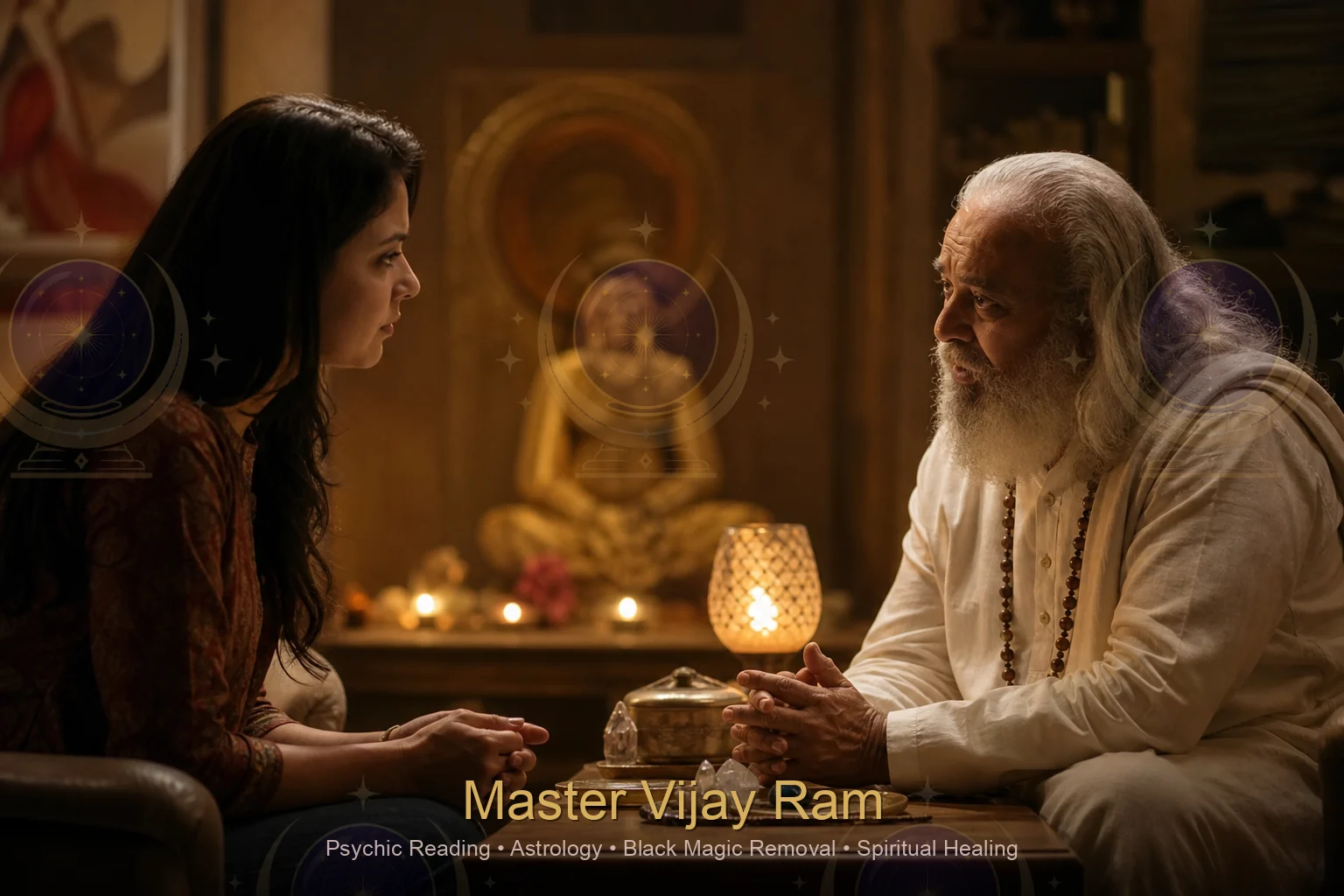 Client discussing negative energy concerns with Master Vijay Ram