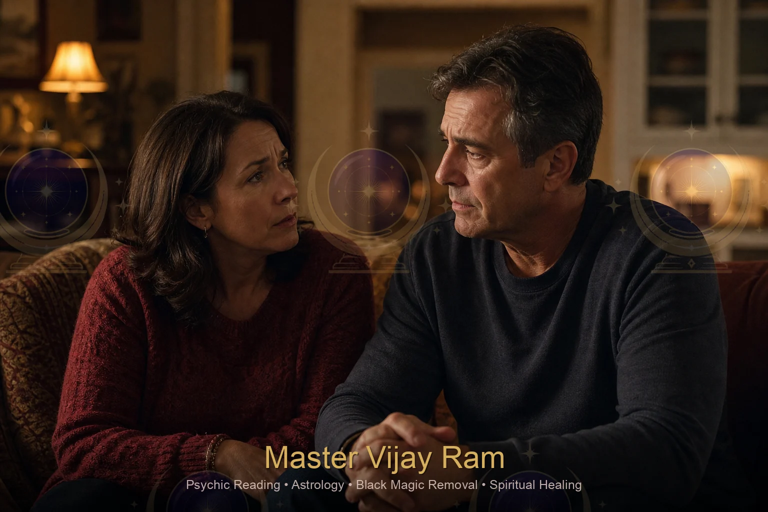 Couple reflecting on family tension possibly linked to jealousy black magic