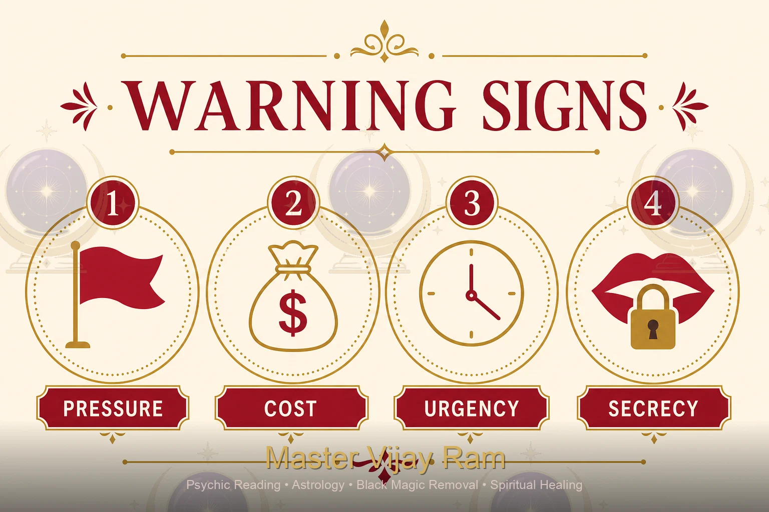 Infographic of warning signs to avoid fake healers near Master Vijay Ram service area