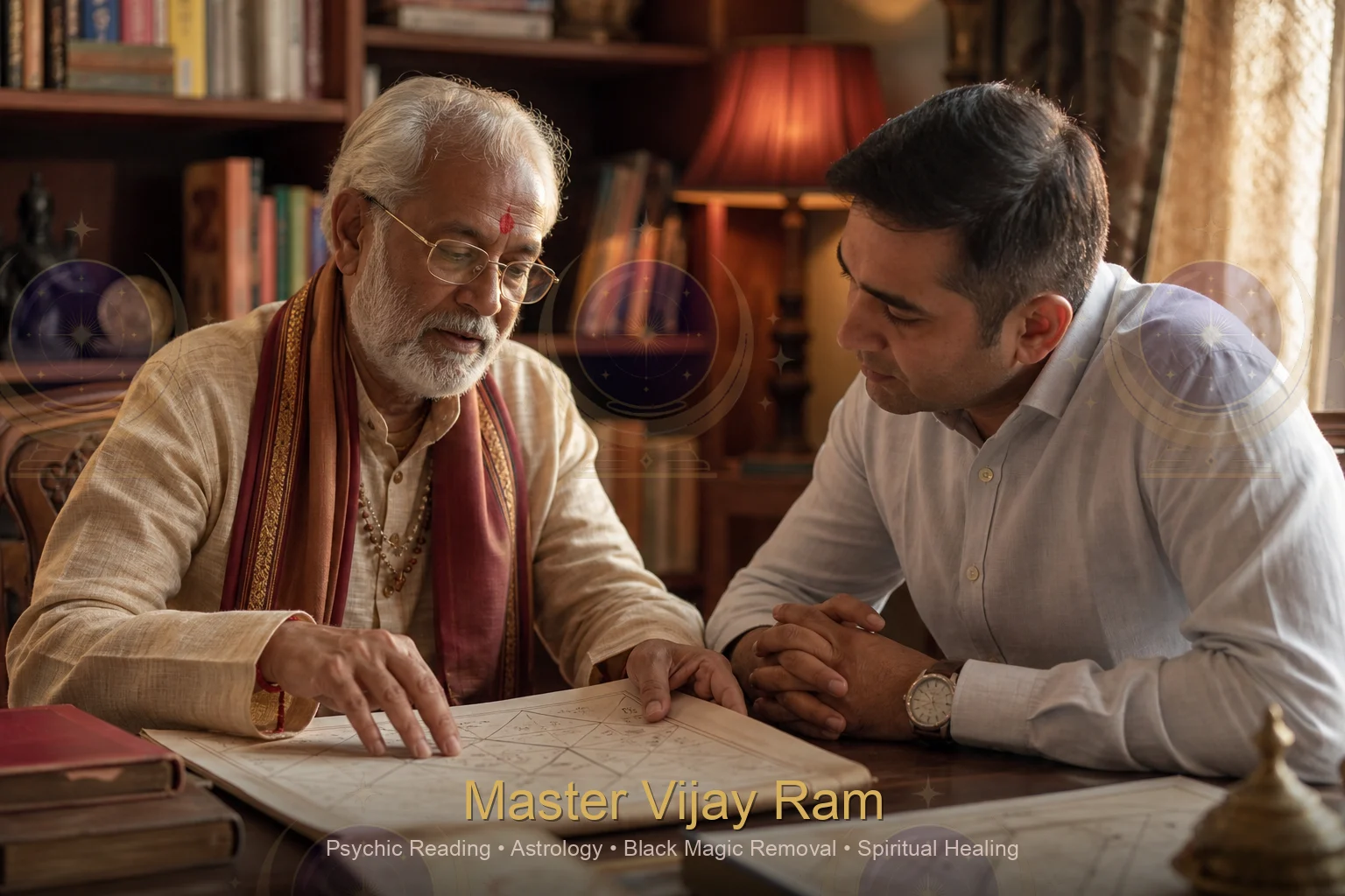 Vedic astrologer reviewing a birth chart during consultation with Master Vijay Ram