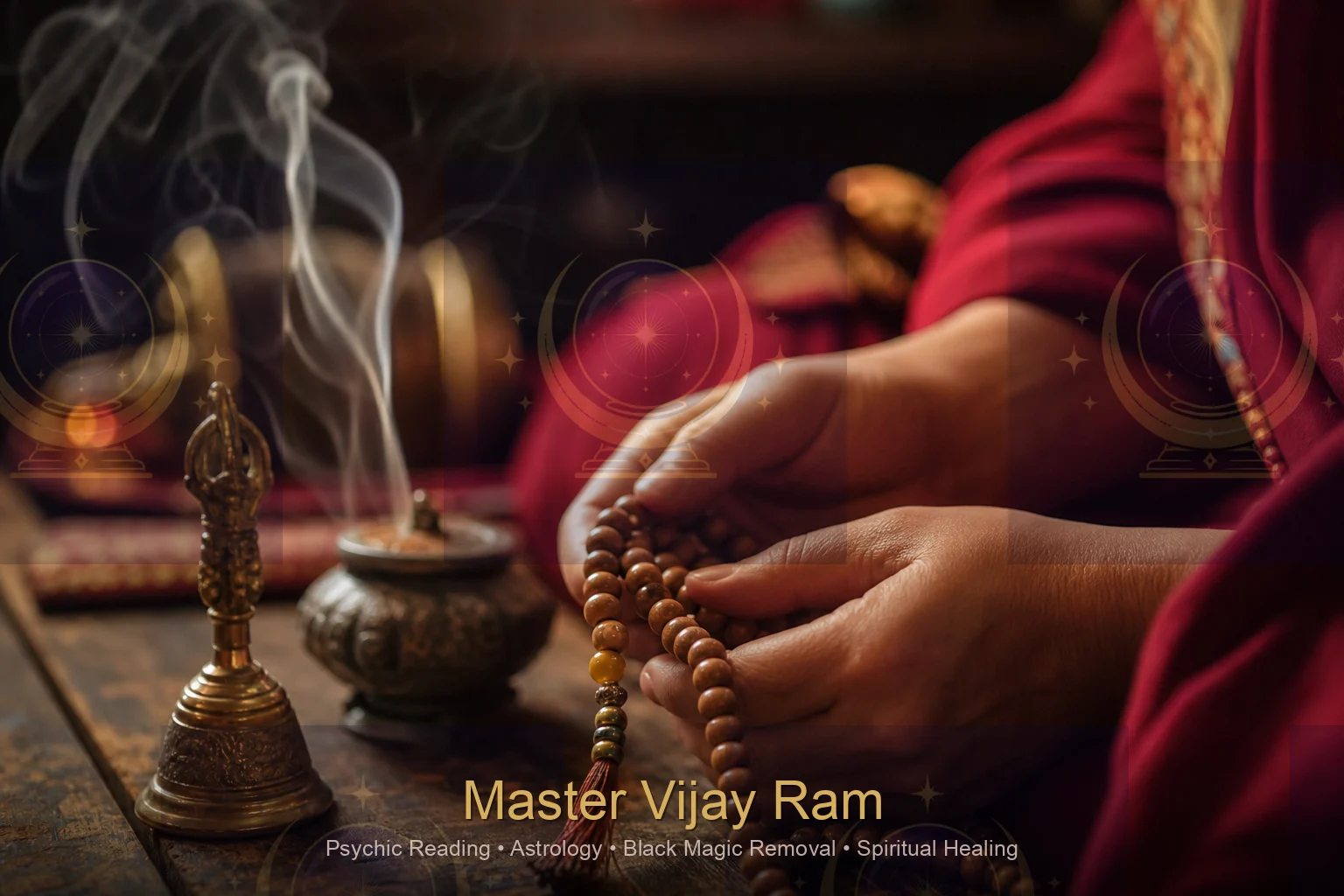 Prayer beads and incense used in spiritual remedies by Master Vijay Ram