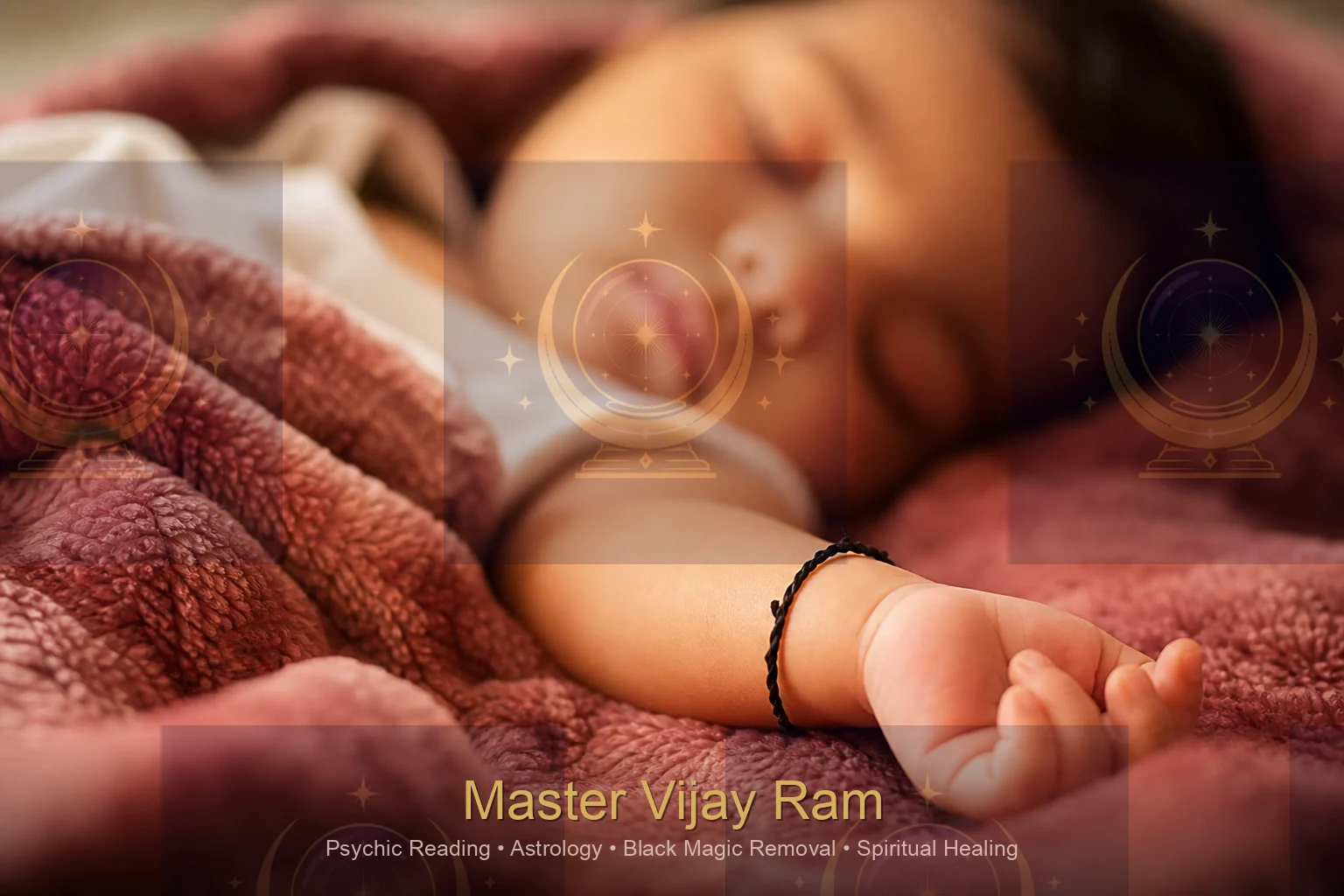 Baby wearing black thread for evil eye protection guided by Master Vijay Ram