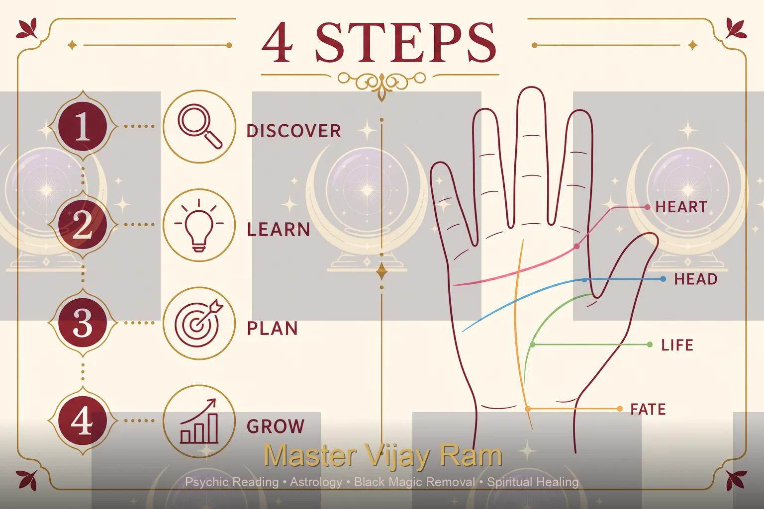 Infographic of four major palmistry lines explained by Master Vijay Ram