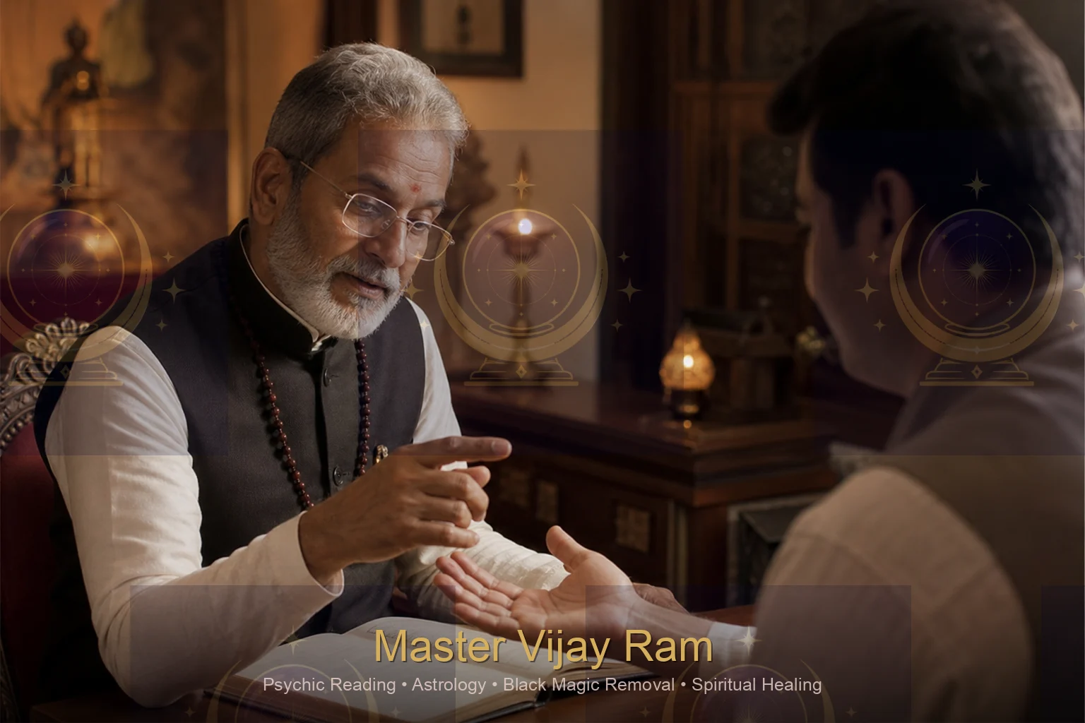 Palm reading consultation setting with Master Vijay Ram in Kitchener