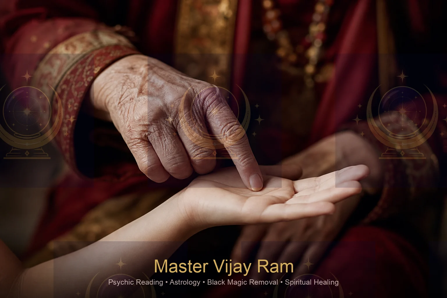 Close-up of hand line examination during a session with Master Vijay Ram