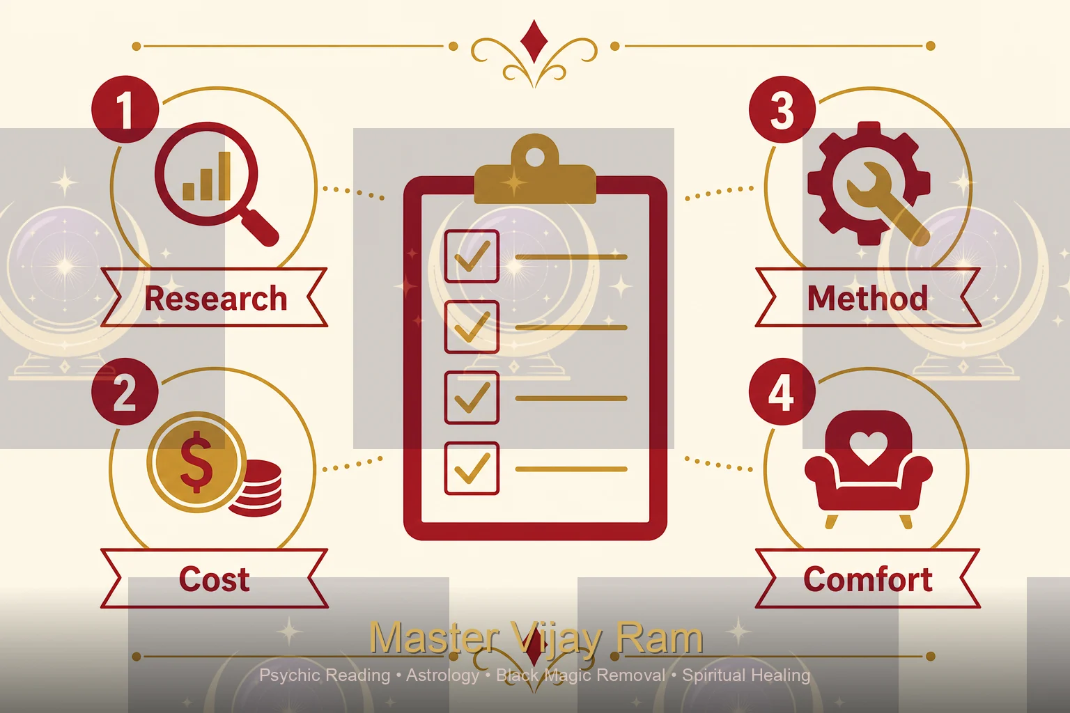 Checklist infographic for choosing a genuine reading with Master Vijay Ram