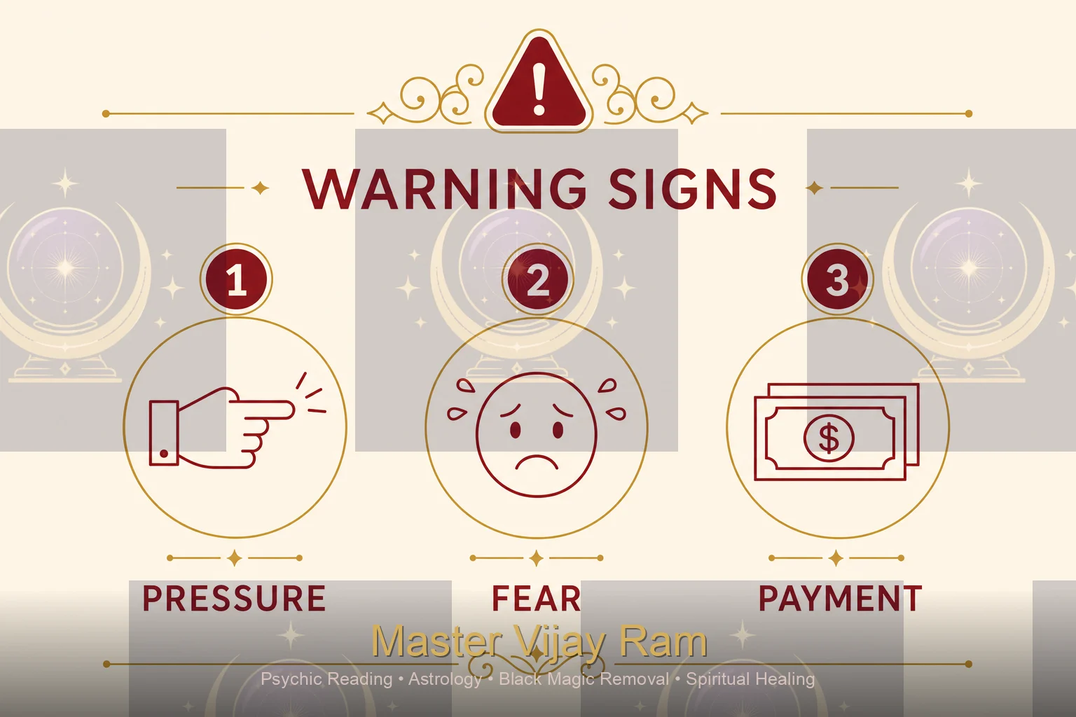 Infographic on psychic scam warning signs relevant to Master Vijay Ram clients