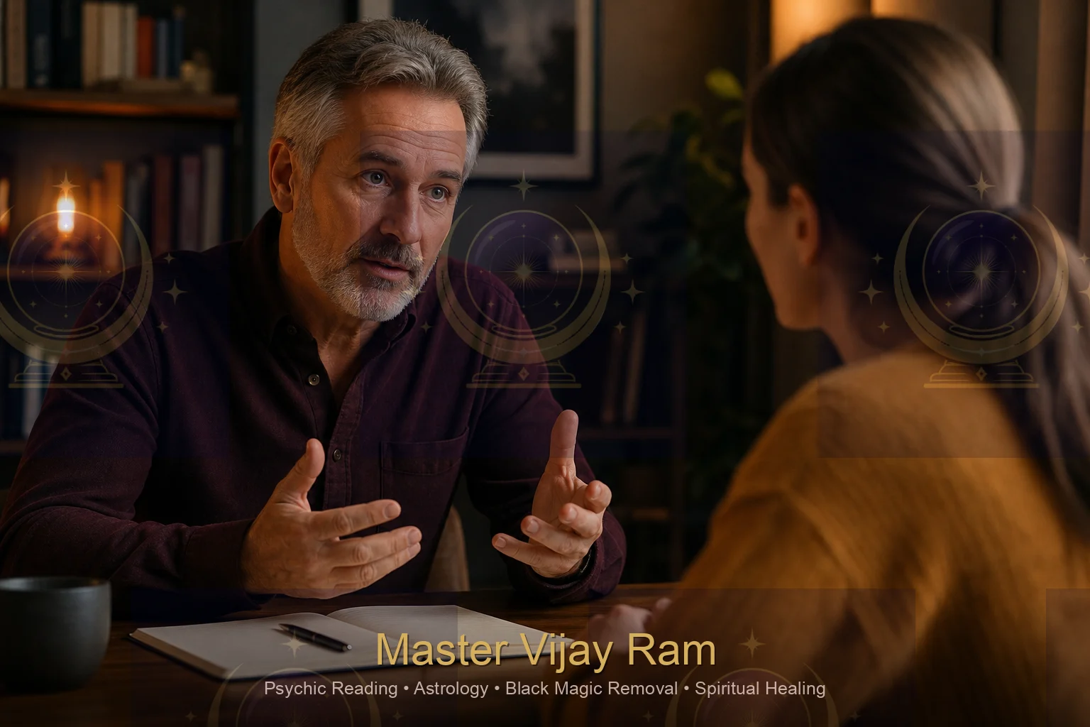 Client discussing questions during a reading with Master Vijay Ram