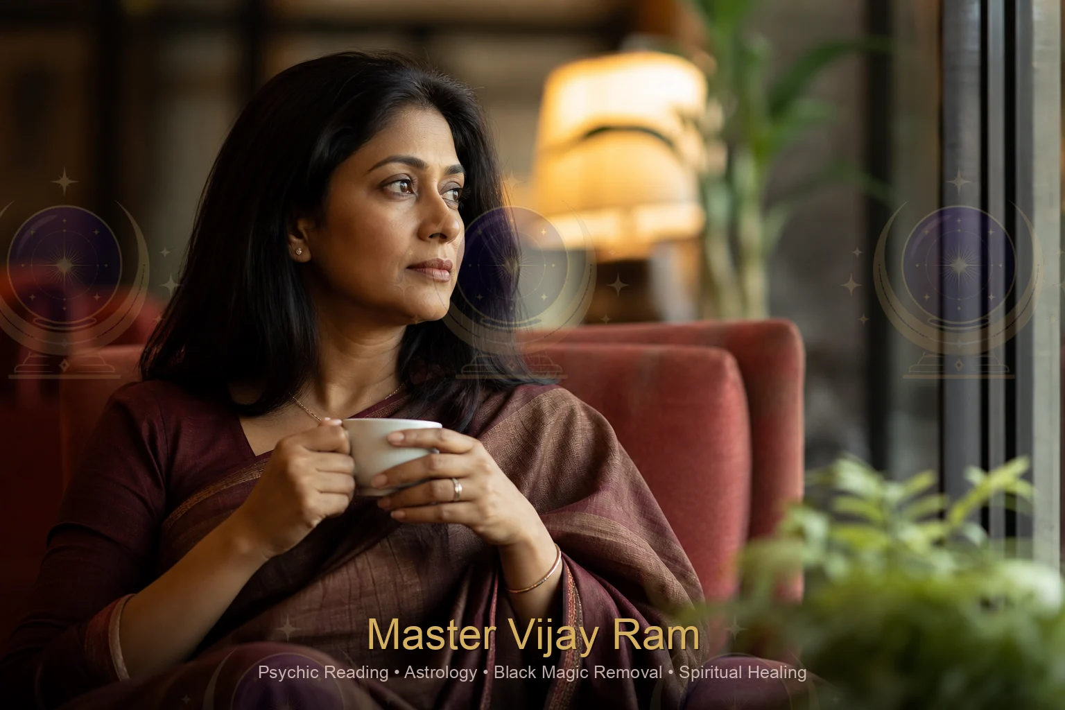 Client reflecting before a love back consultation with Master Vijay Ram