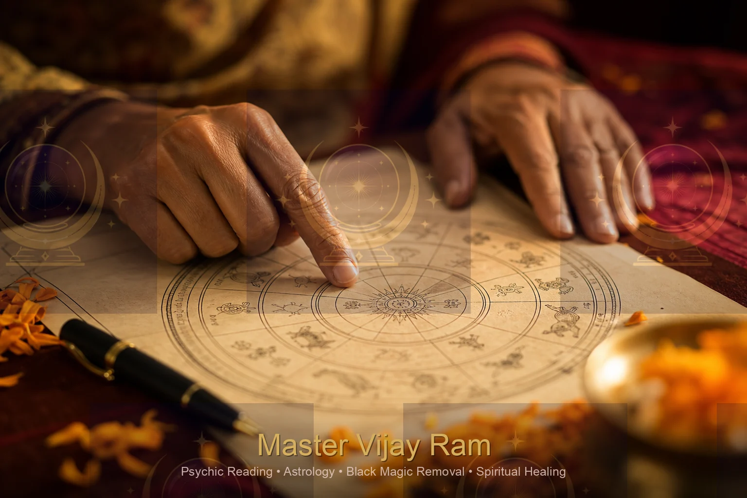 Close-up of a Vedic kundli birth chart discussed with Master Vijay Ram
