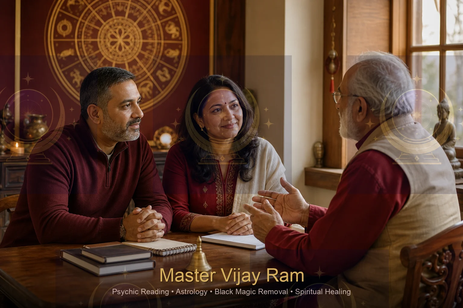Indian-Canadian couple discussing a Vedic astrology consultation with Master Vijay Ram