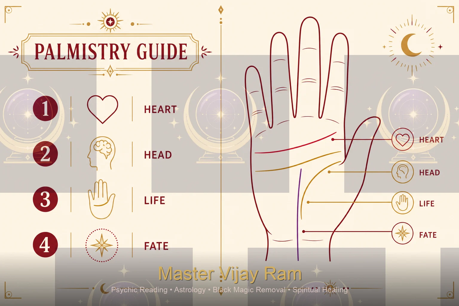 Diagram of palm lines including life line, Master Vijay Ram