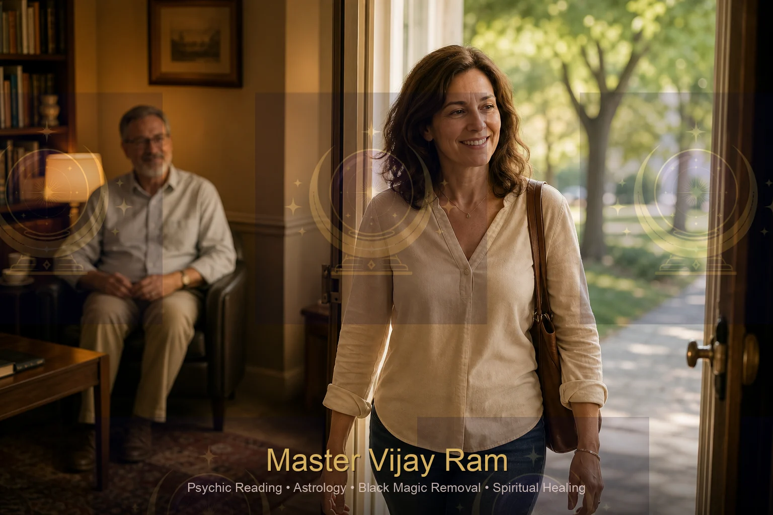 Client leaving a reassuring palm reading with Master Vijay Ram