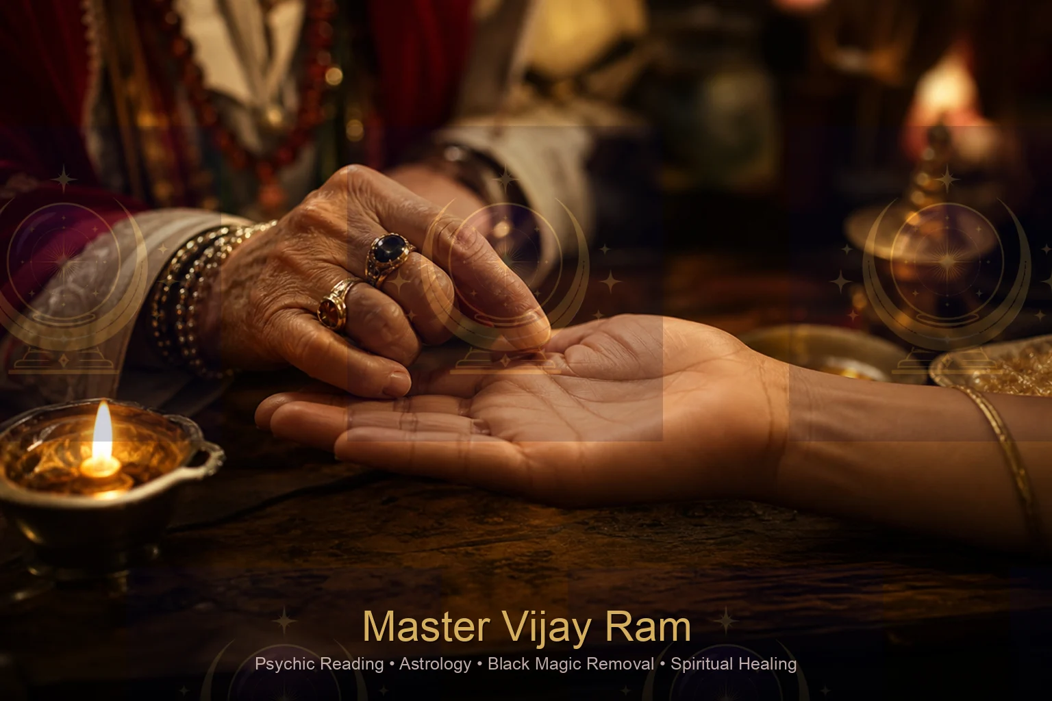 Palm reading during a relationship guidance session with Master Vijay Ram