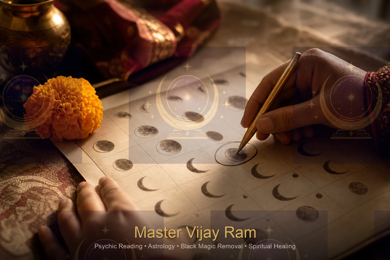 Marking an auspicious date during a timing reading with Master Vijay Ram