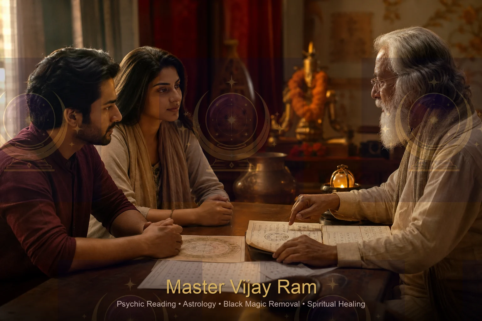 Couple discussing wedding date timing with Master Vijay Ram