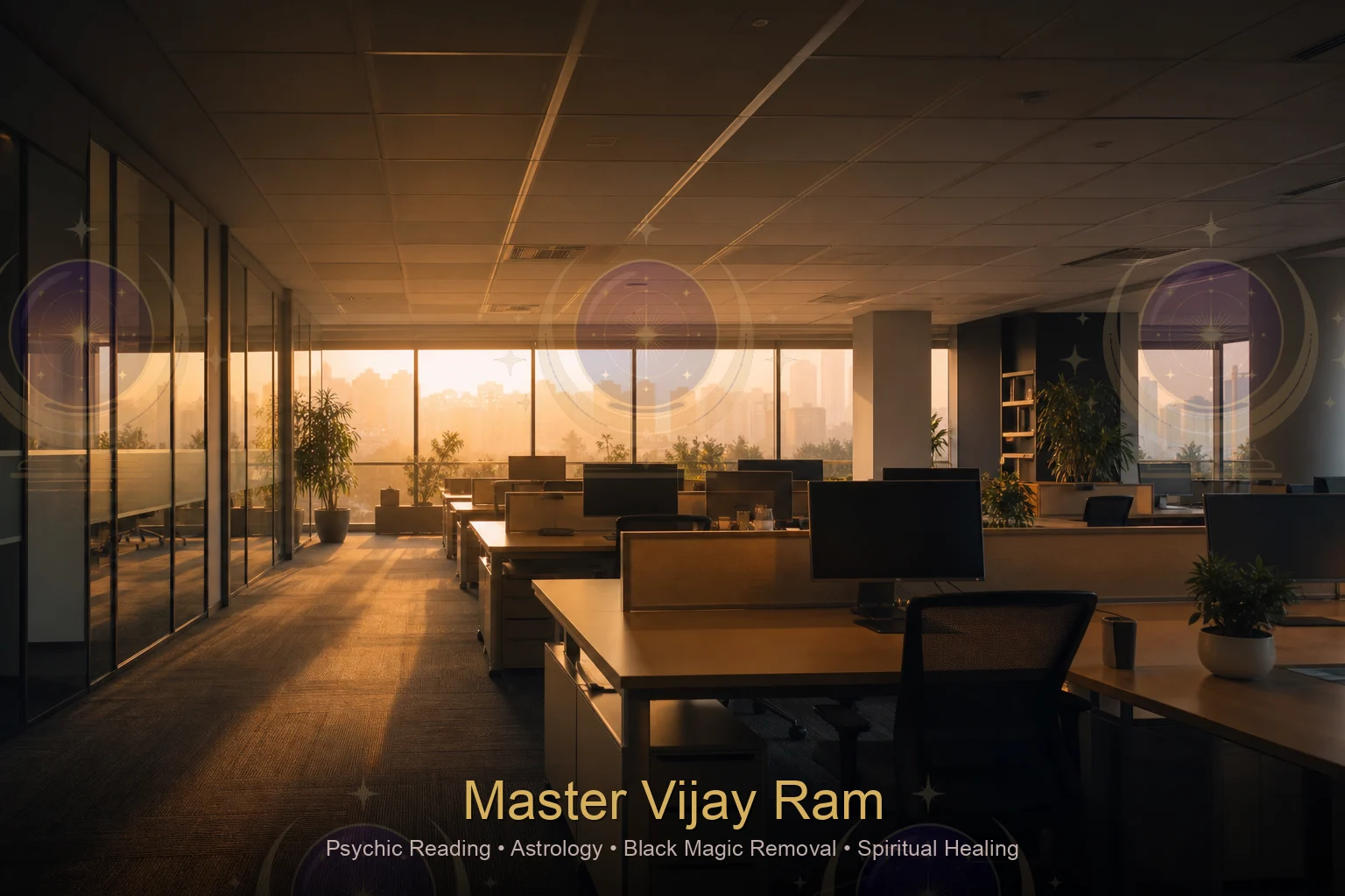 Quiet office space representing workplace negative energy, Master Vijay Ram guidance