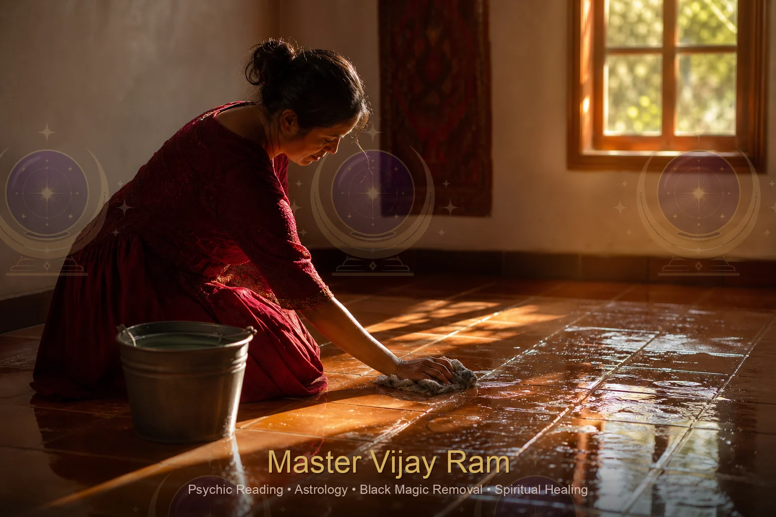 Floor cleansing ritual in a new home before moving in, Master Vijay Ram