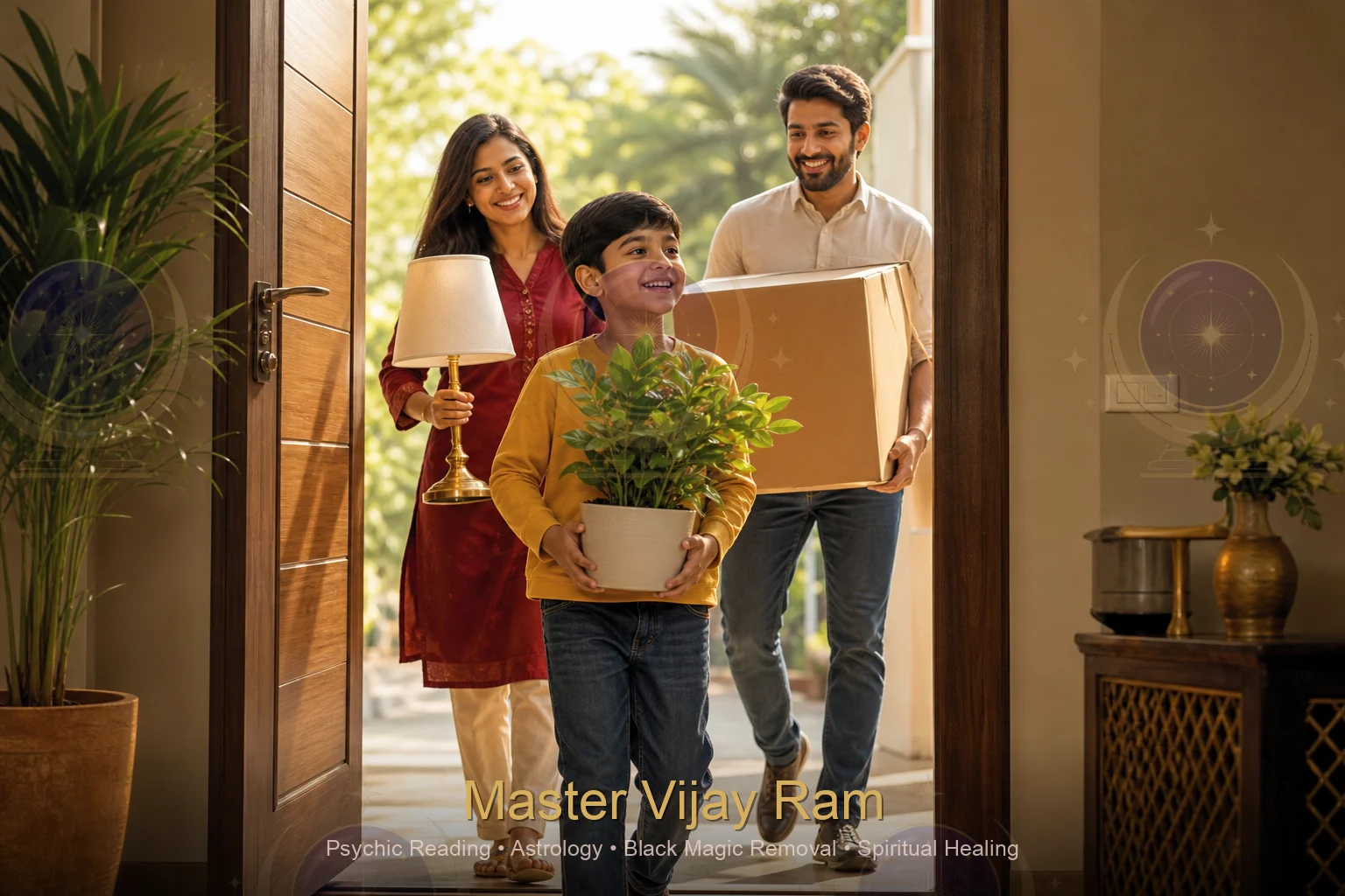 Family moving into a new home after a negative energy check, Master Vijay Ram