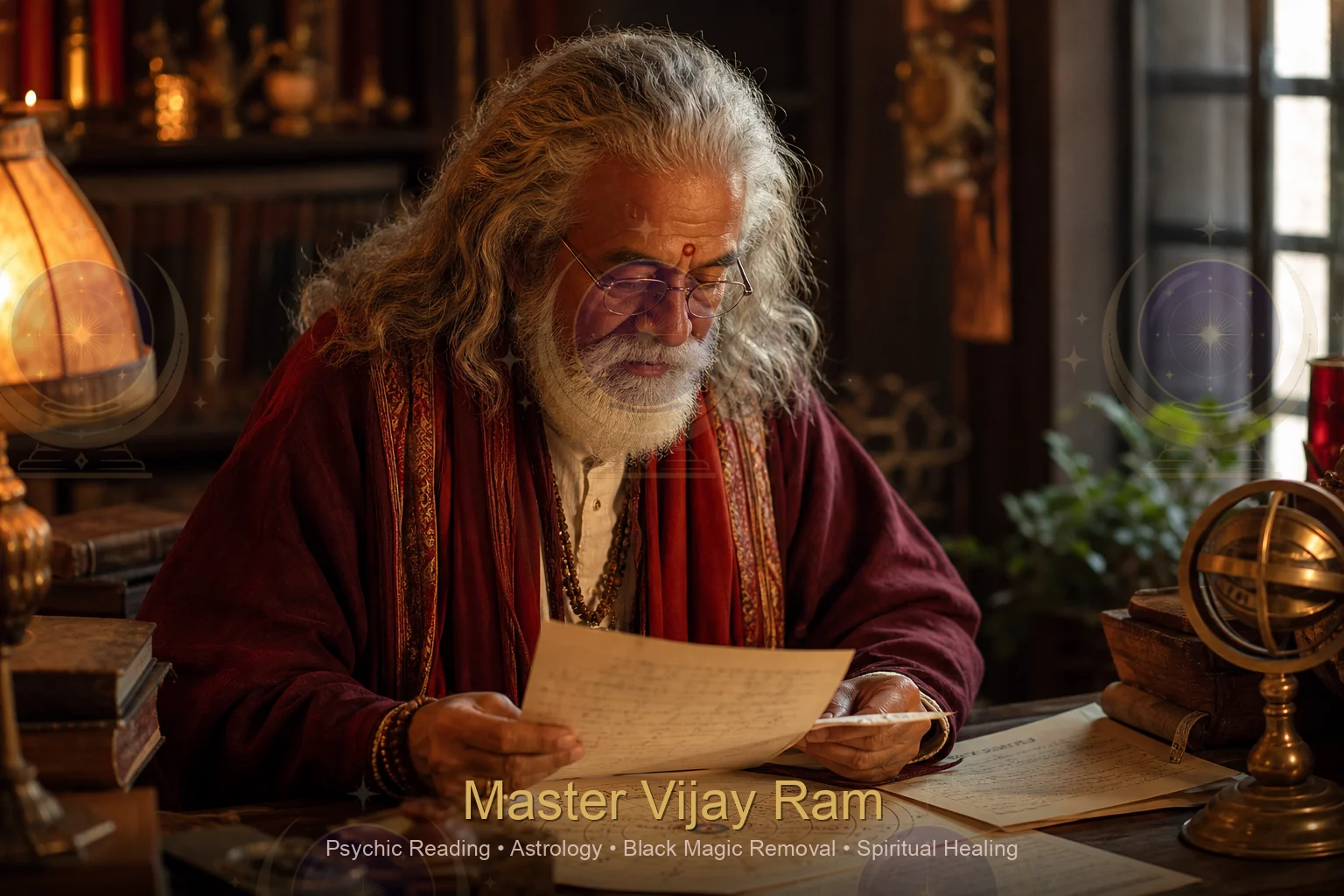 Master Vijay Ram reviewing case notes during a spiritual protection consultation