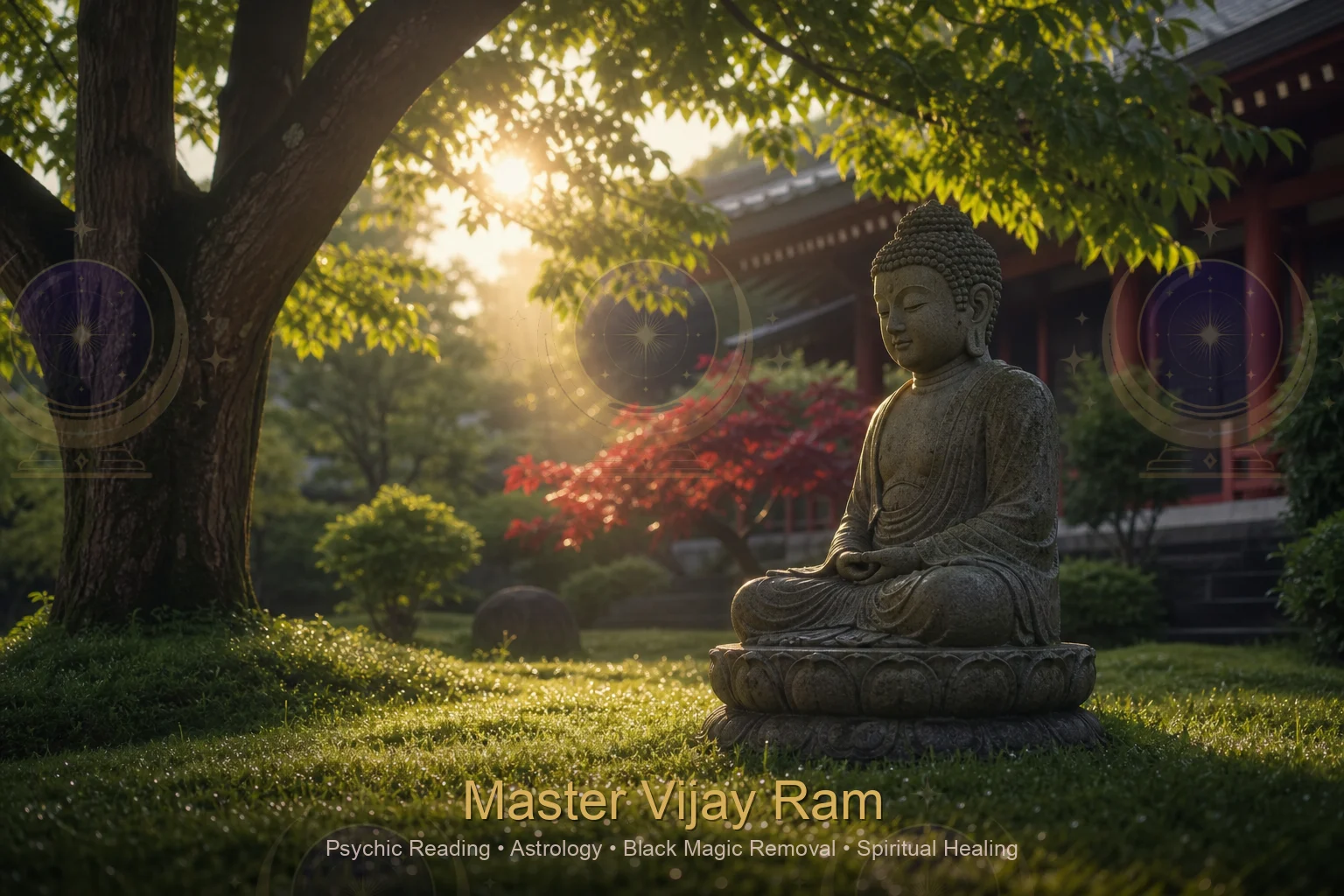 Tranquil garden scene symbolizing renewal after energy cleansing with Master Vijay Ram
