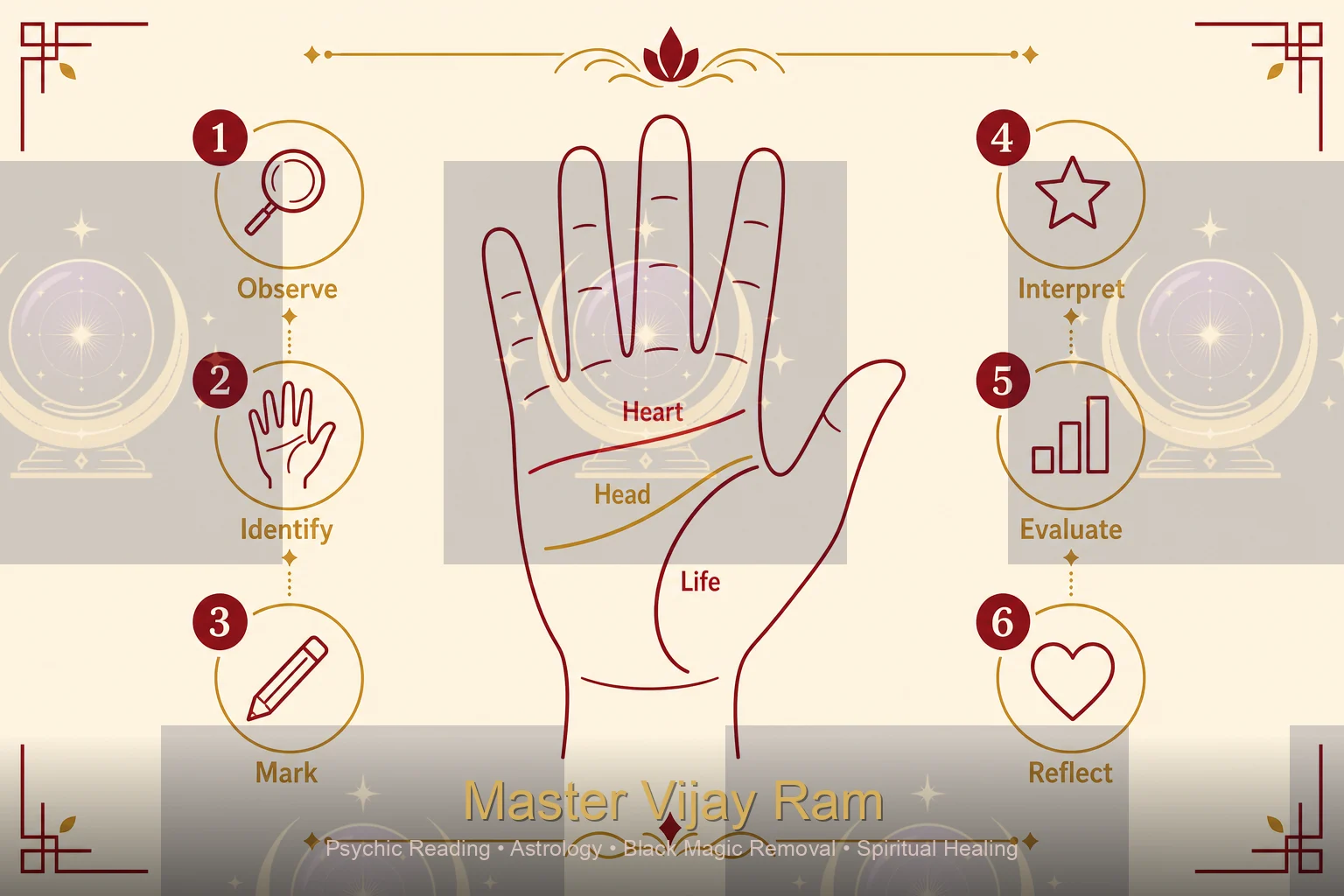 Infographic of palm reading life, heart, and head lines by Master Vijay Ram