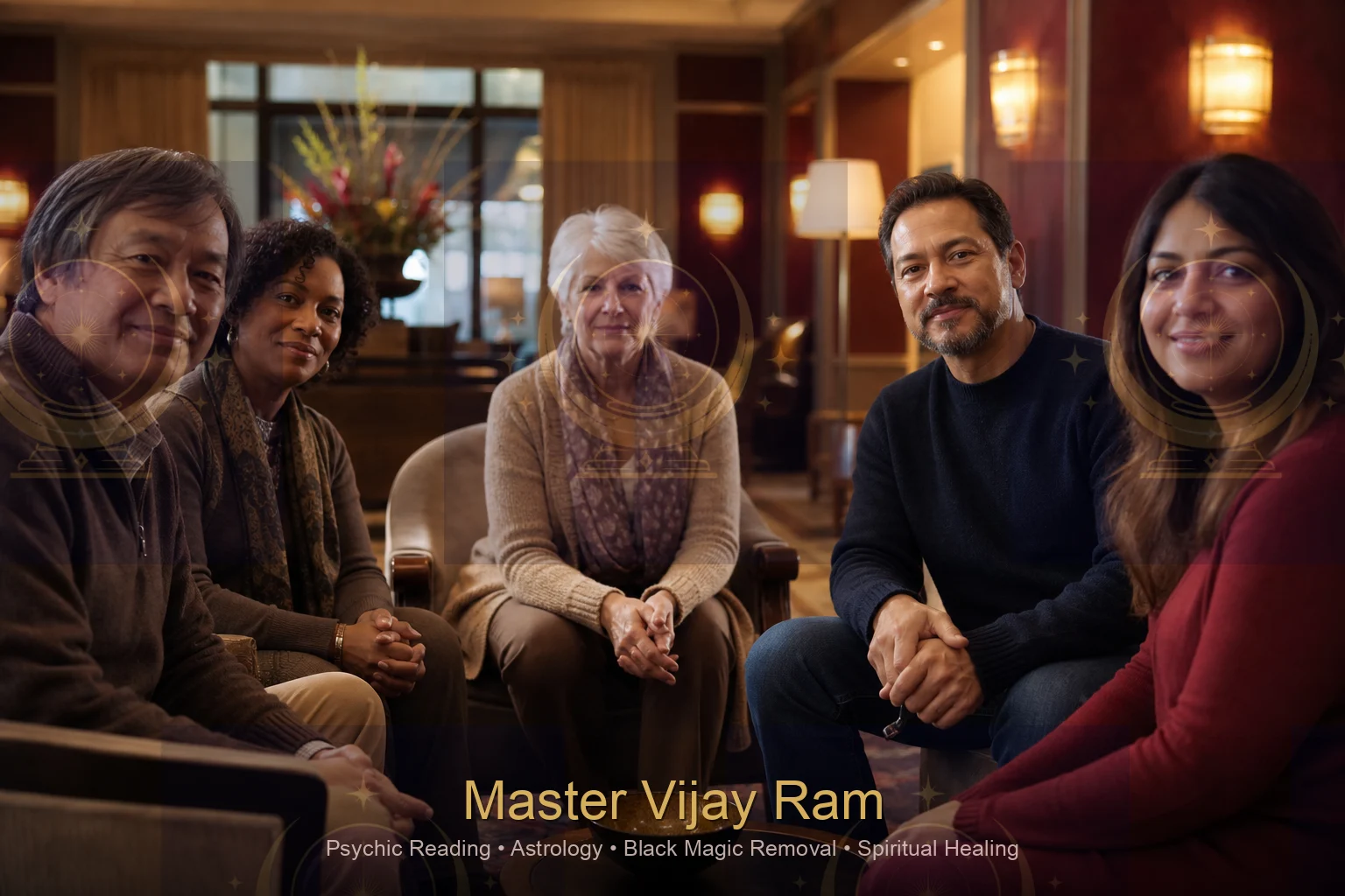 Clients of all backgrounds waiting for a session with Master Vijay Ram