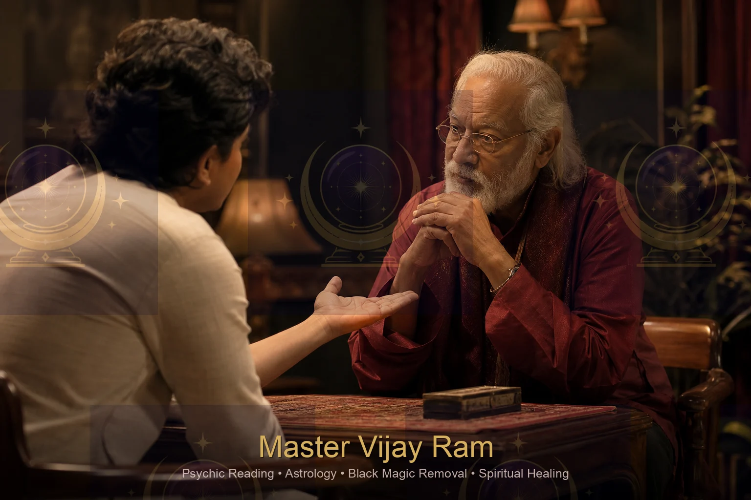 Client showing palm during a reading consultation with Master Vijay Ram