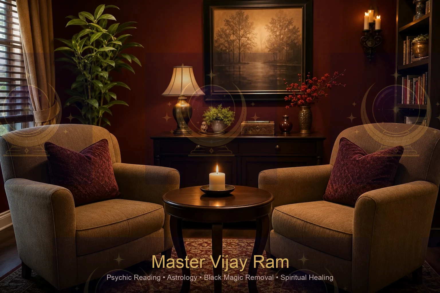 Calm consultation space used for readings with Master Vijay Ram