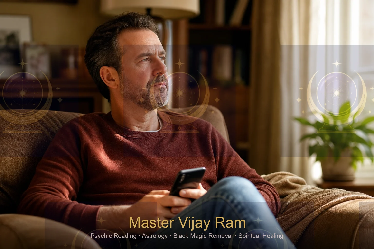 Client reflecting during a phone consultation with Master Vijay Ram