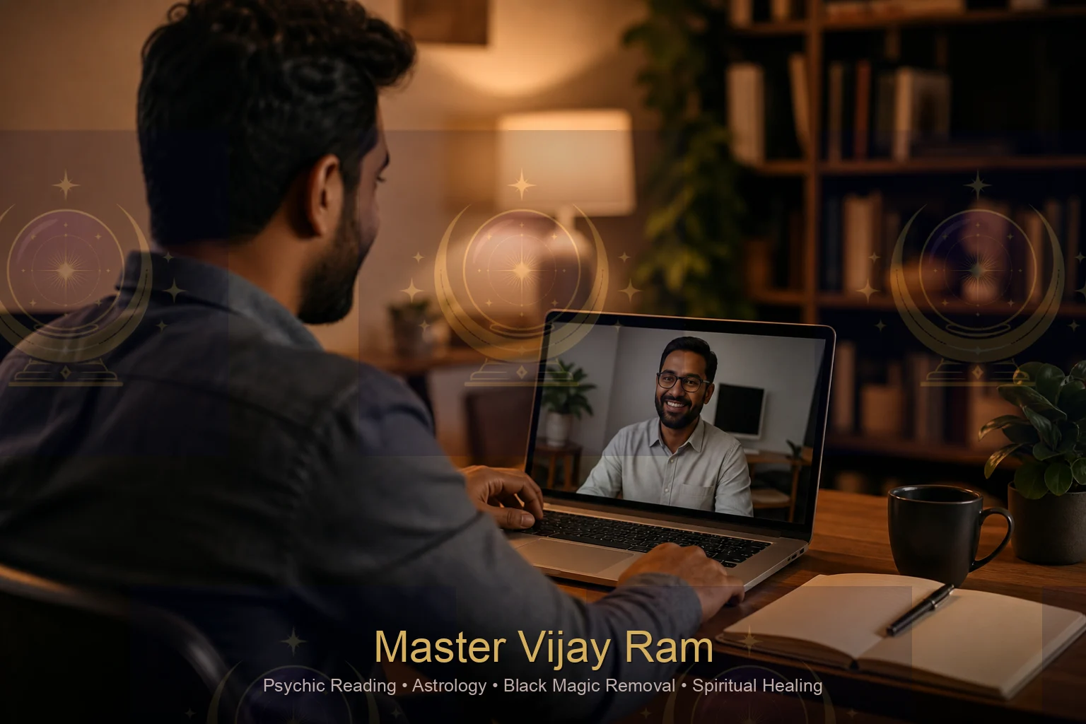 Client on a video call for an online psychic reading with Master Vijay Ram