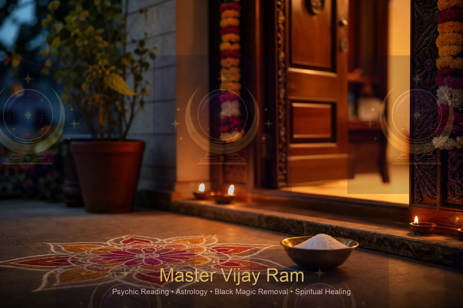 Well-lit home entrance symbolizing spiritual protection with Master Vijay Ram