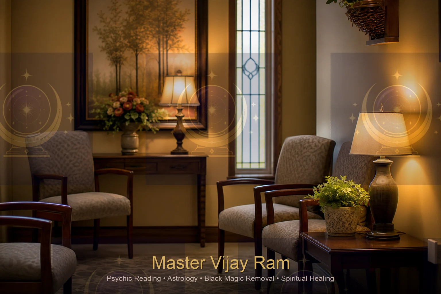 Calm waiting area before a consultation with Master Vijay Ram