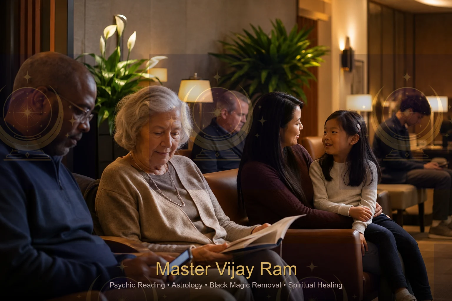 Diverse clients waiting for a session with Master Vijay Ram