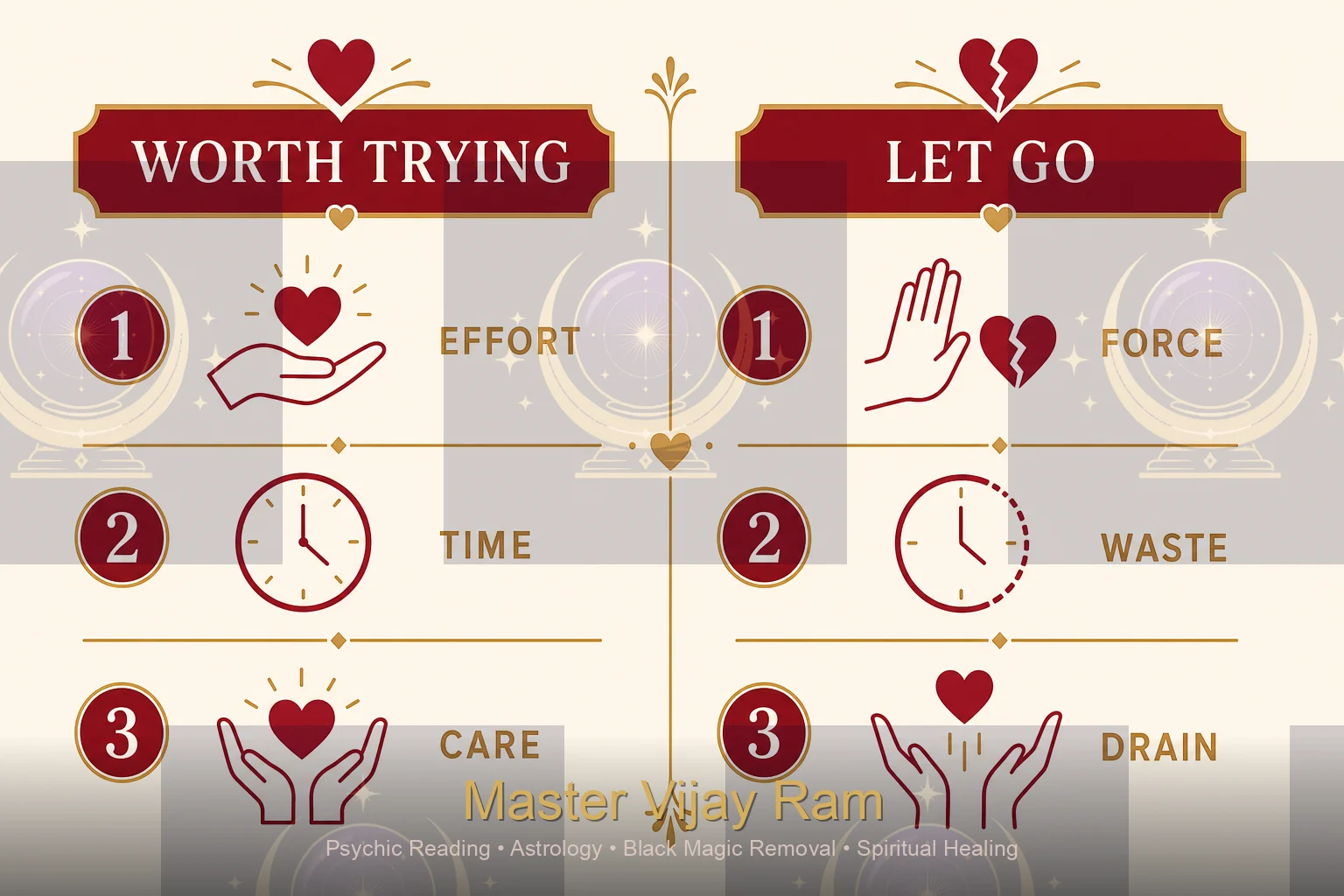 Infographic on signs a relationship is worth reviving versus letting go, Master Vijay Ram guidance