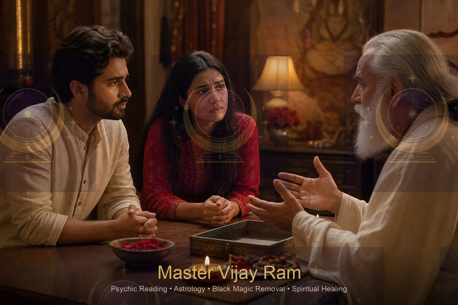 Couple during confidential black magic consultation with Master Vijay Ram