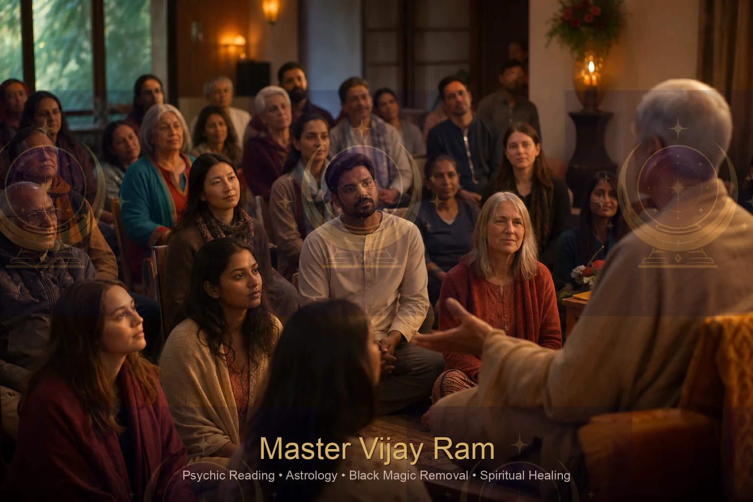 Diverse seekers attending a spiritual guidance talk with Master Vijay Ram