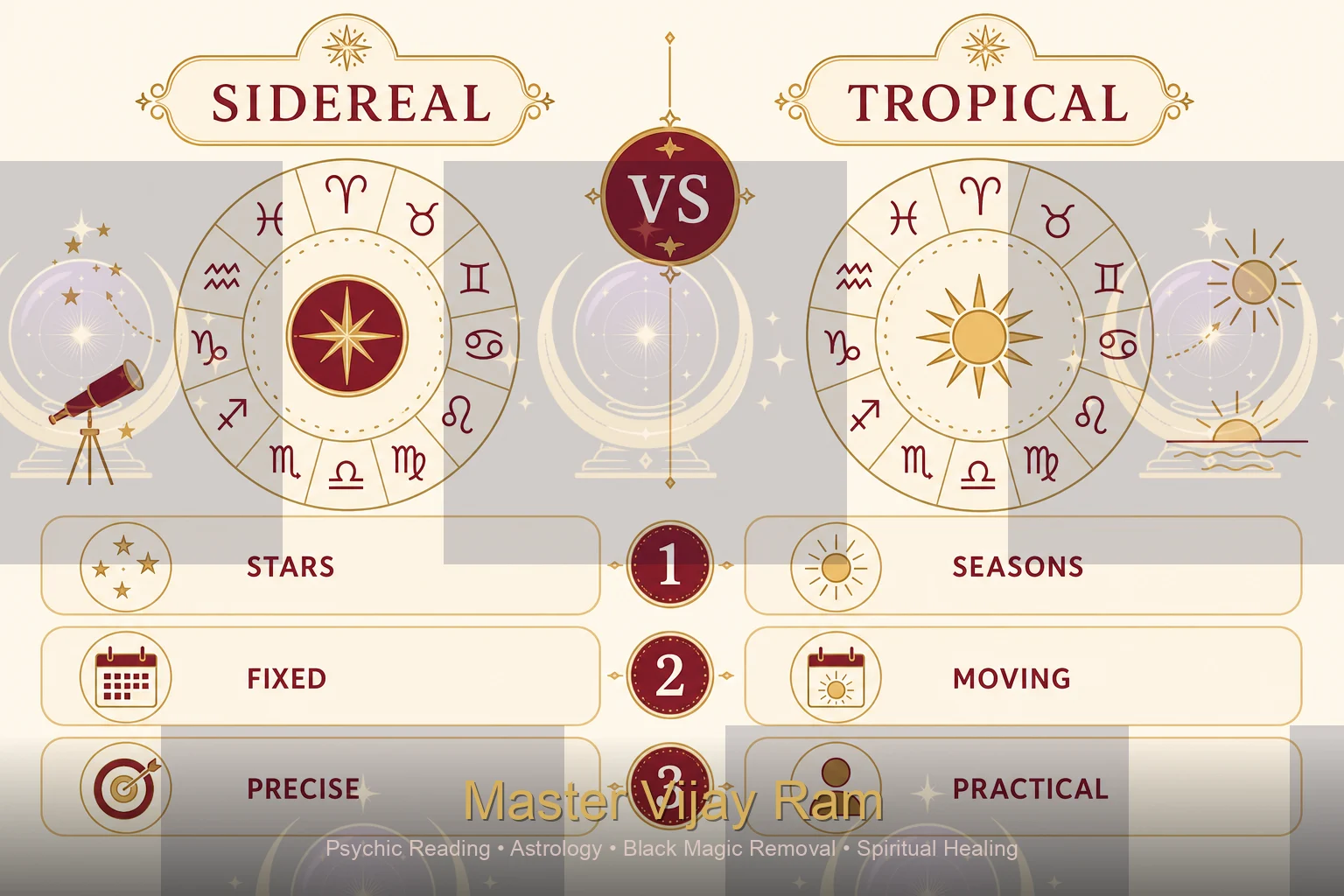 Sidereal vs tropical zodiac comparison infographic for Master Vijay Ram