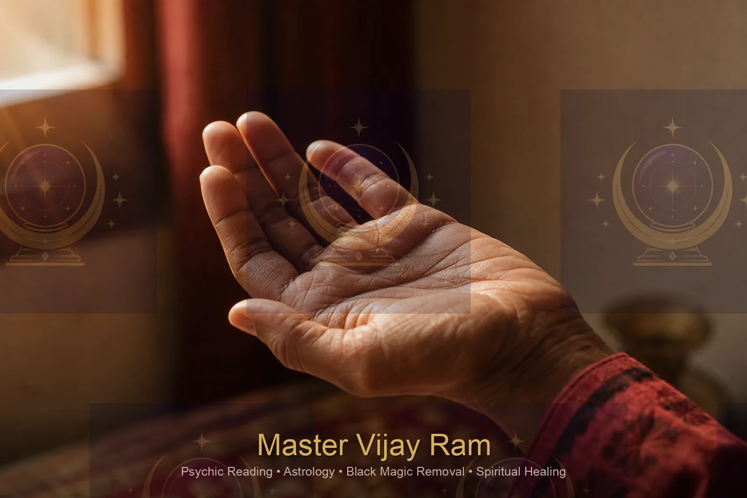 Palm being examined during a psychic reading consultation with Master Vijay Ram