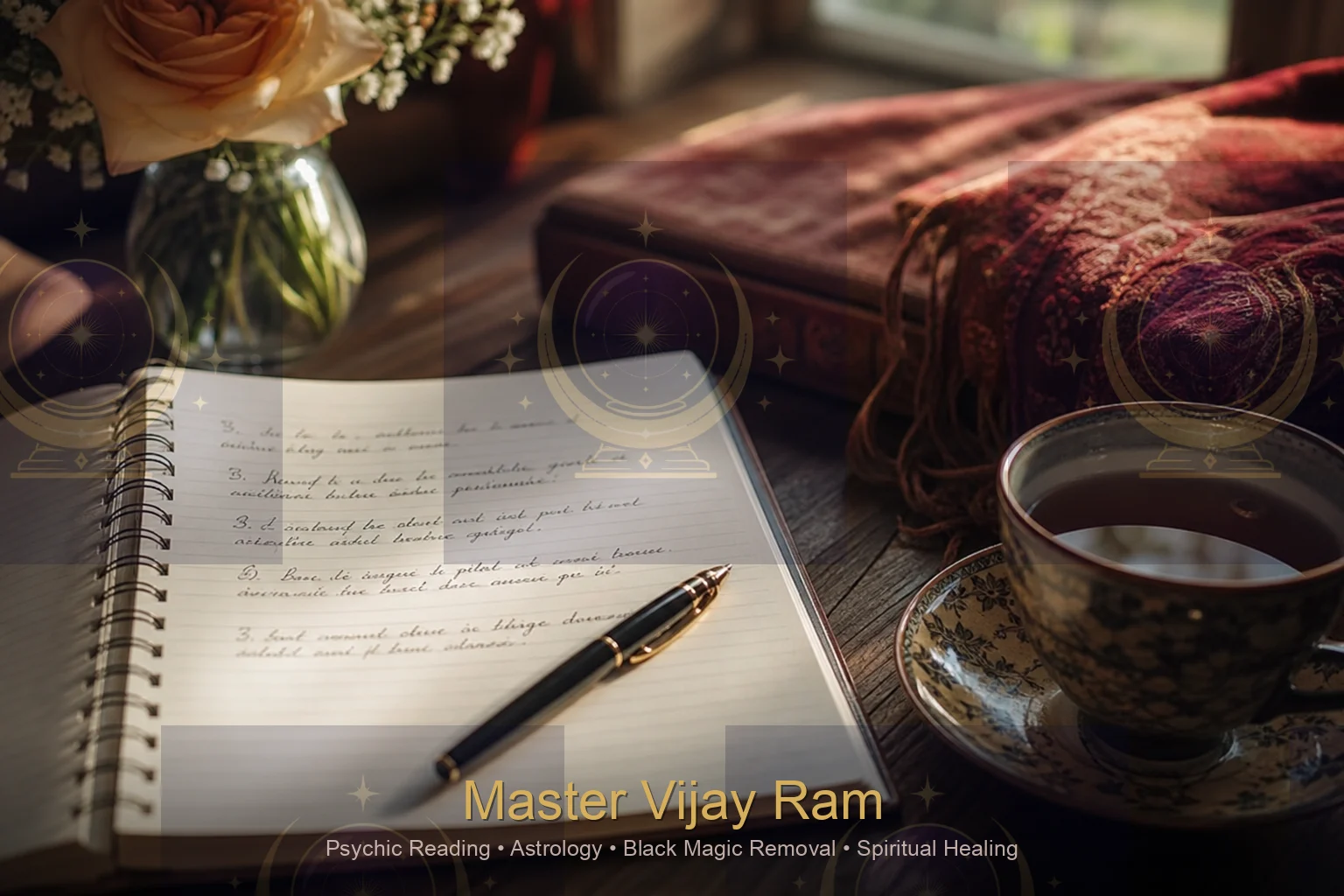 Notebook with prepared questions for a first psychic reading with Master Vijay Ram