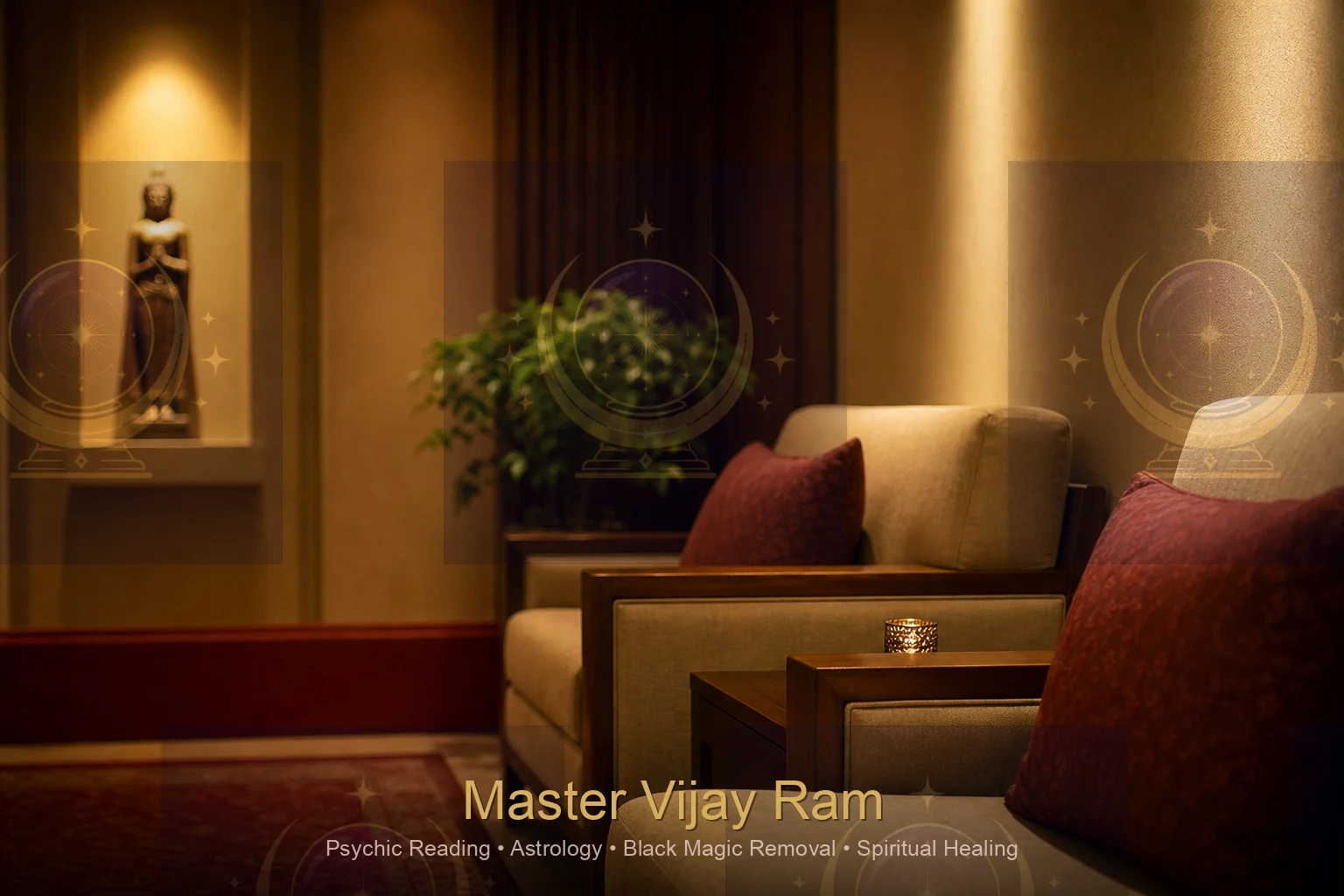 Peaceful waiting area before a psychic reading session with Master Vijay Ram