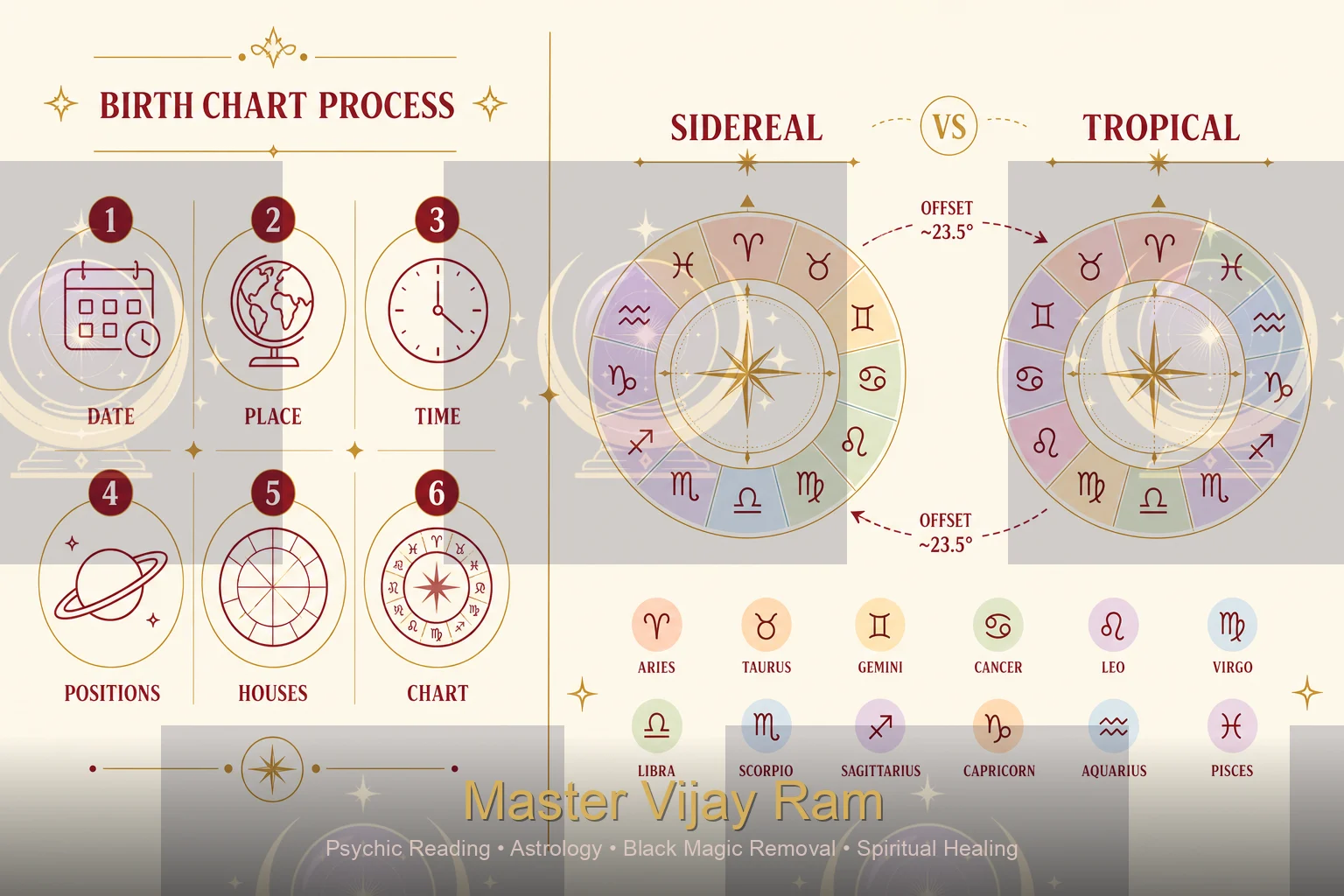 Infographic comparing sidereal and tropical zodiac systems, Master Vijay Ram