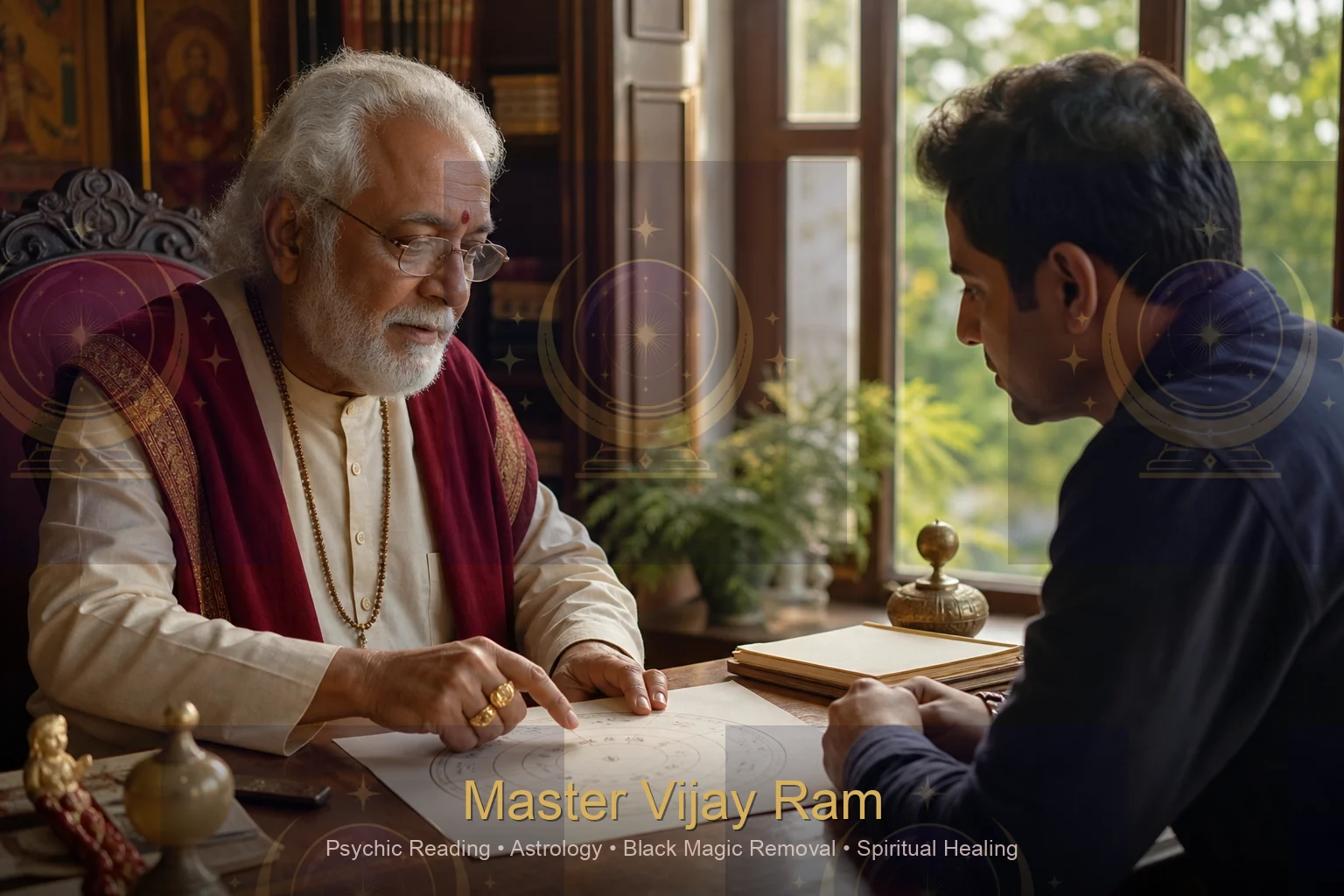 Astrologer discussing a Vedic birth chart with a client, Master Vijay Ram consultation