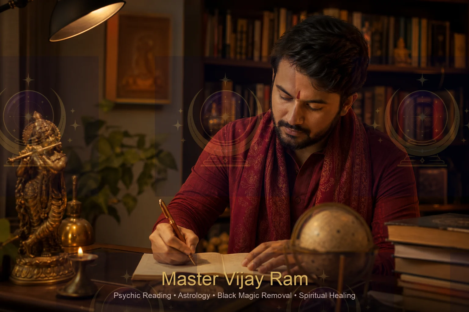Home study space with Vedic astrology texts, Master Vijay Ram practice setting